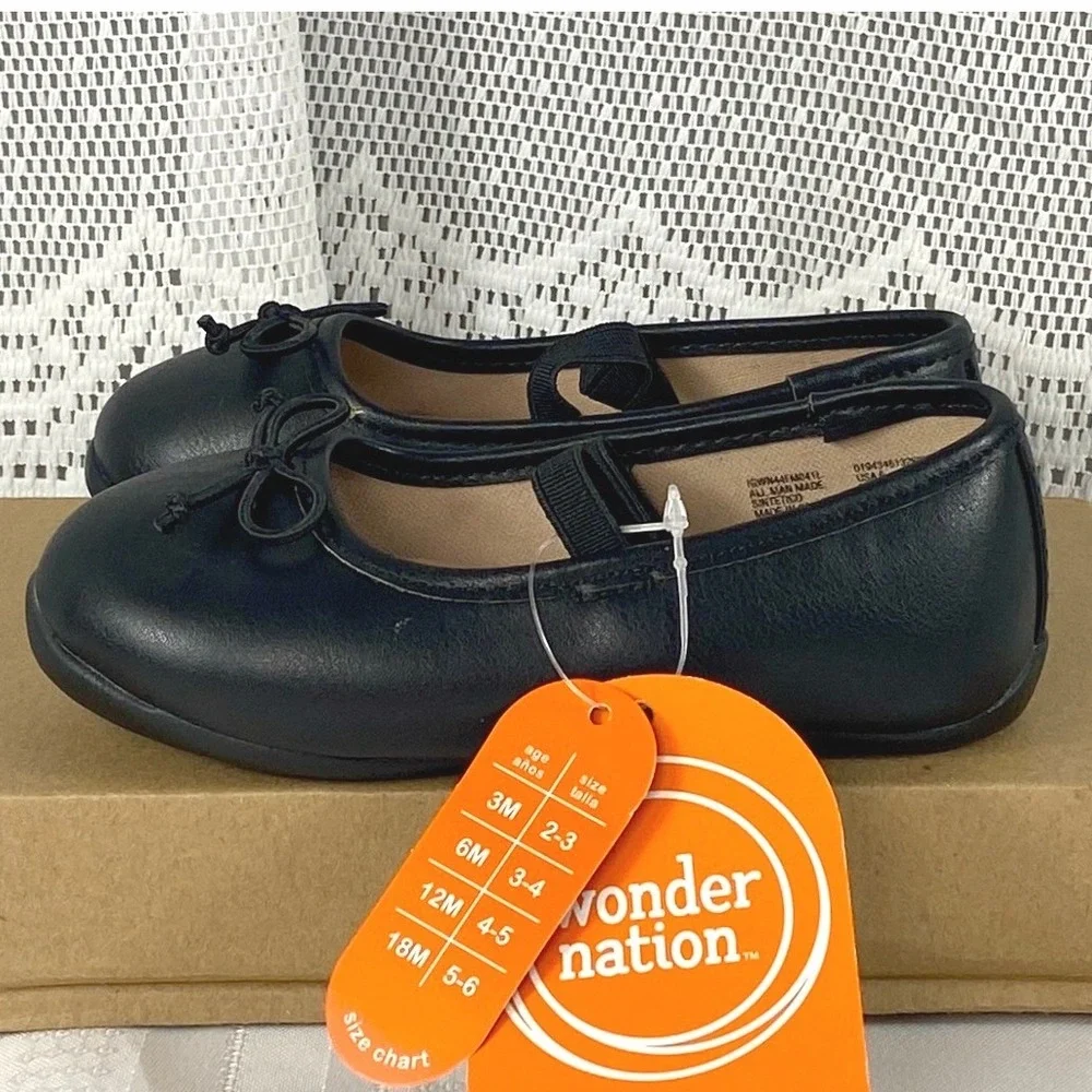 NWT Toddler Size 6 Wonder Nation Girls Black Bow Ballet Flats Elastic Strap Shoe